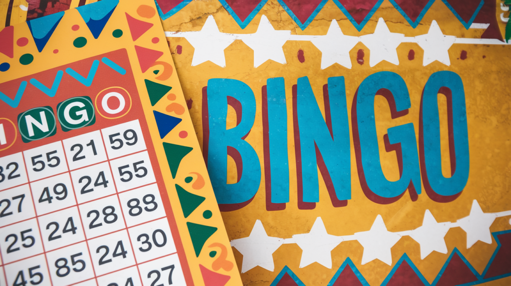 A close-up shot of a Bingo Theme sheet with a fiesta theme. There are random numbers called out on the sheet. The background is a vibrant orange wall with a pattern of white stars and the word "BINGO" written in large, blue letters. The overall image has a warm, festive vibe.